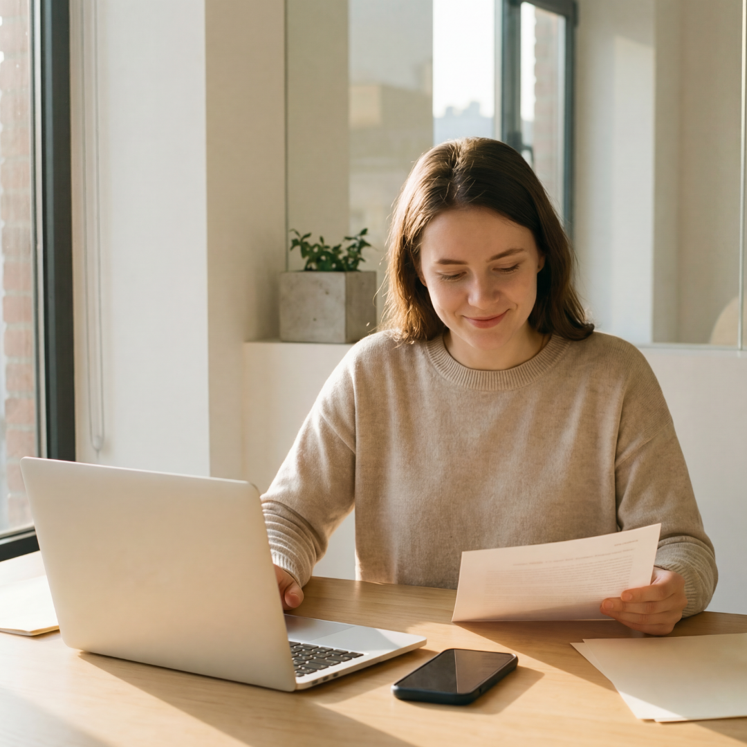 A woman sits at a desk by a window, smiling while reading a document. A laptop, smartphone, and potted plant are on the table in front of her. Sunlight streams through the window, creating a warm atmosphere.